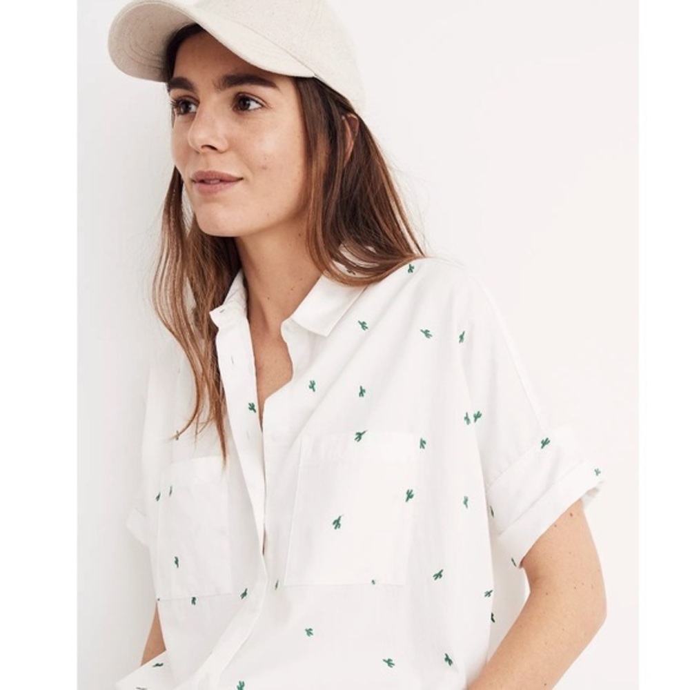 Madewell White Button-Up Shirt with Green Embroidery - Picture 2 of 6